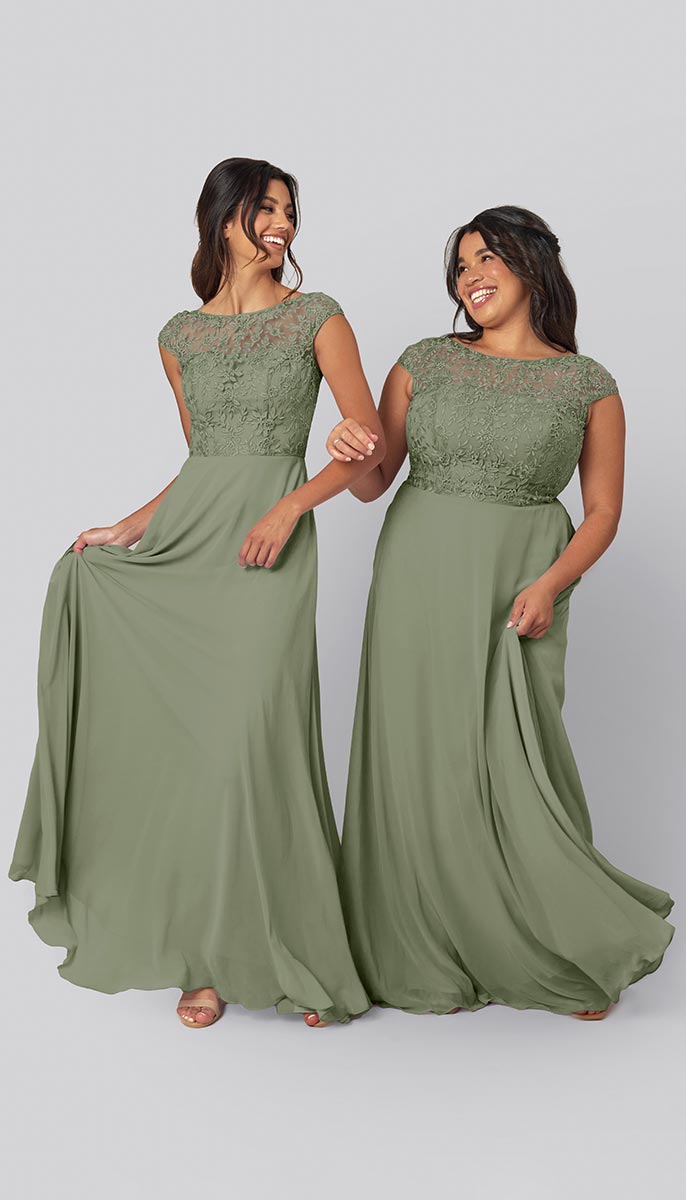 Two models wear Kennedy Blue embroidered bridesmaid dresses in moss