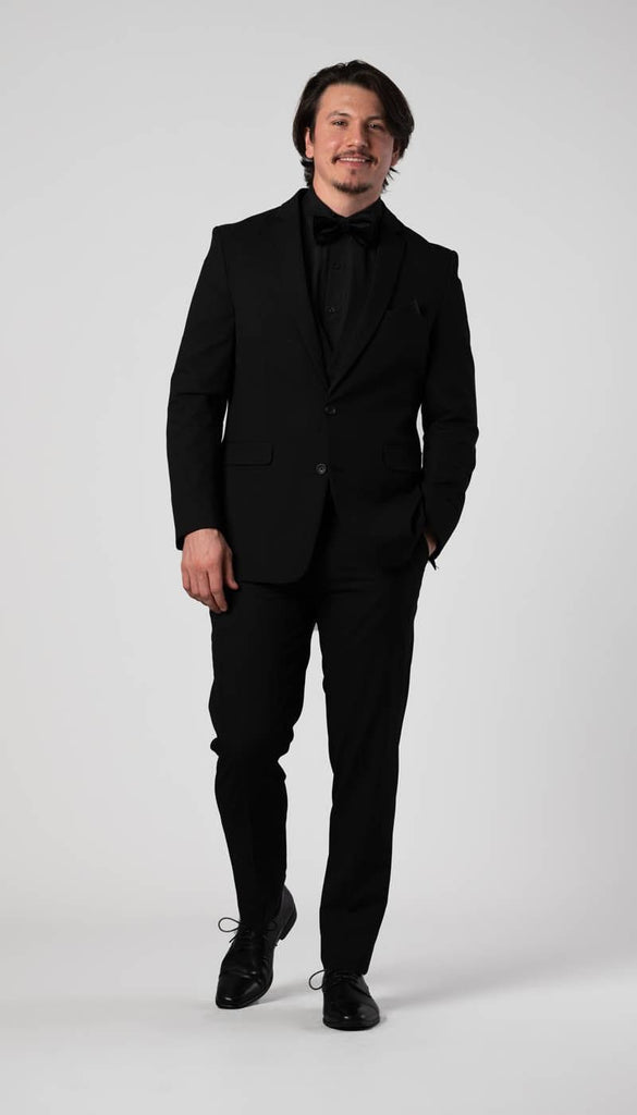 mens black suit with blue shirt