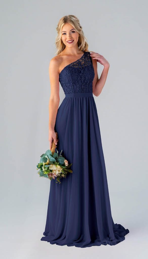 2015 high quality One-Shoulder Navy Blue Lace Orange Lining Short Bridesmaid Dress