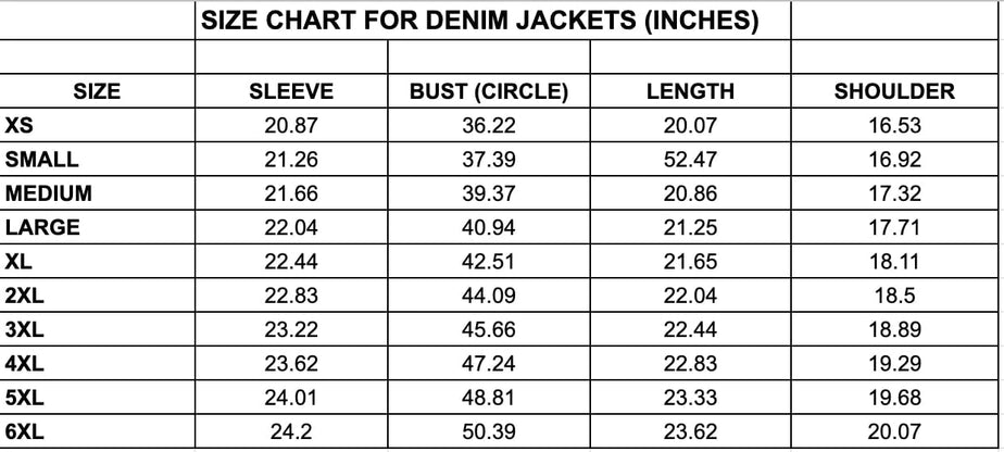 Size Chart - MJ6004 - Initial Denim Jacket | REPRESENT CLO