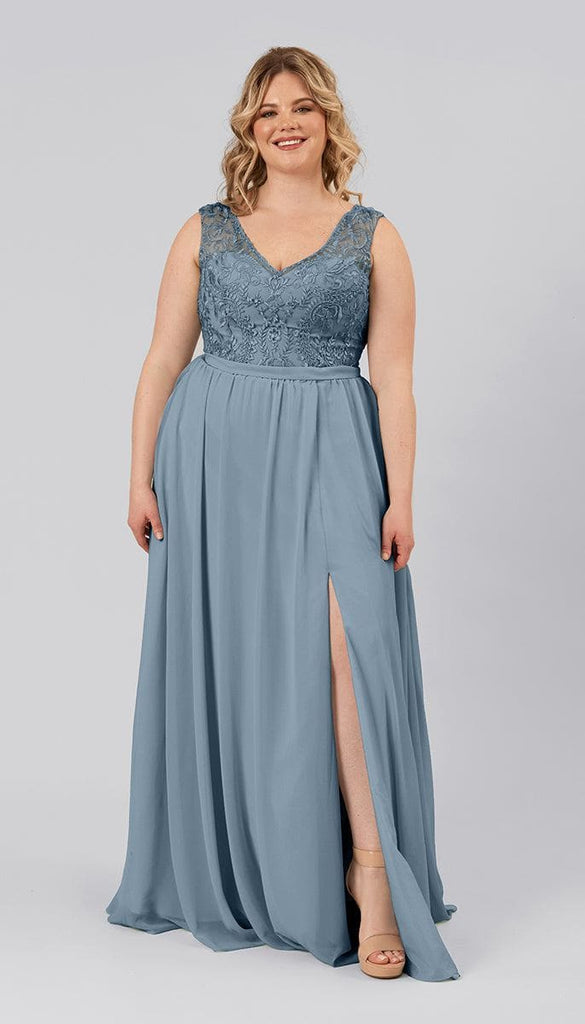 Illusion Neck Storm Blue V-Neck Tulle See-Through Evening Dress