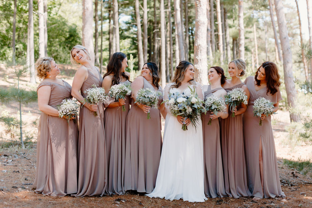 Bridal party wears fawn bridesmaid dresses