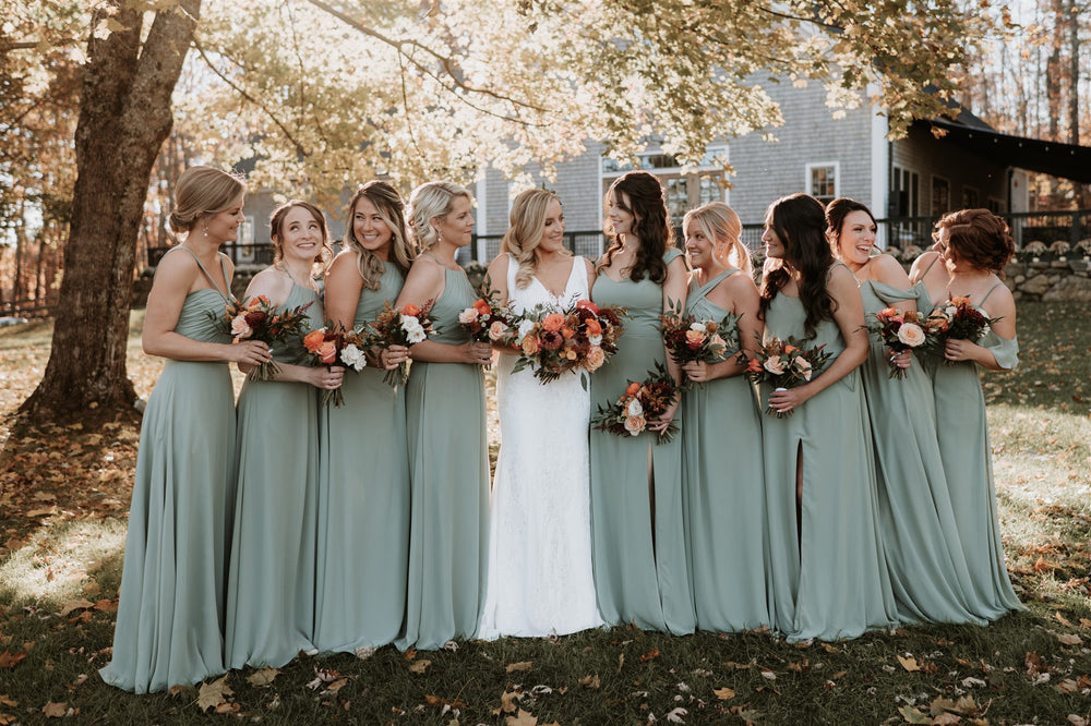 Wedding Party wears moss green bridesmaid dresses