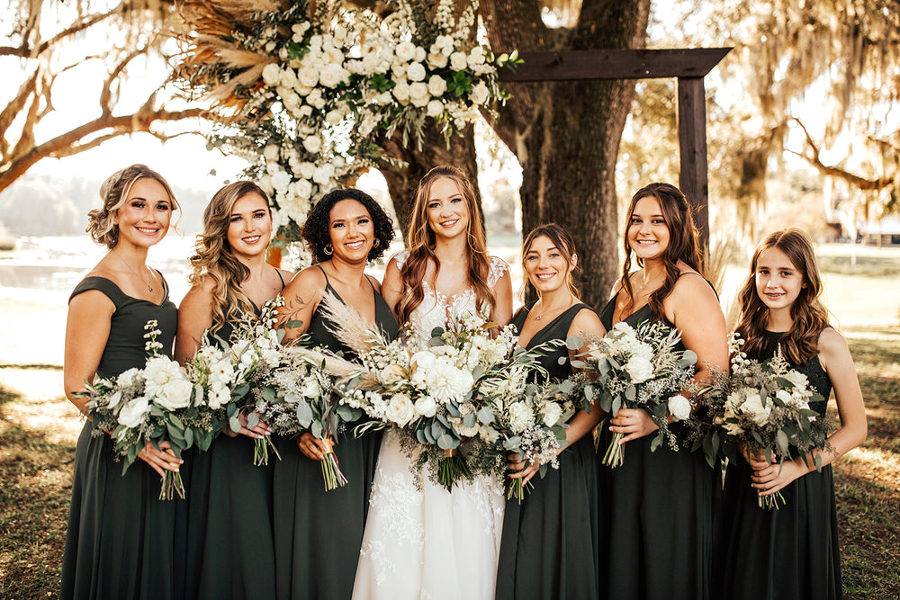 Bridal party wears olive green bridesmaid dresses