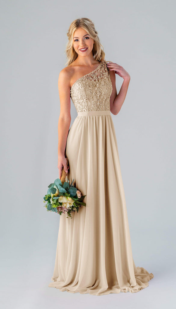 champagne one shoulder dresses bridesmaid